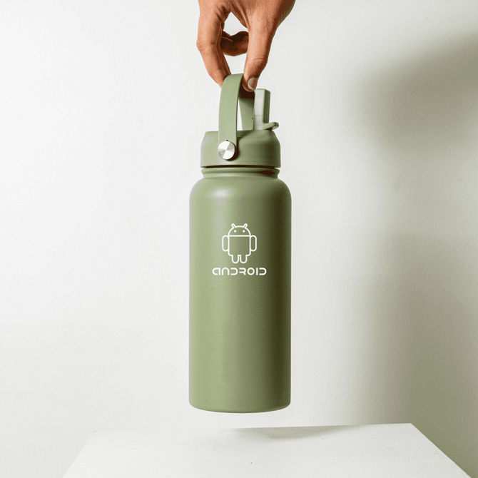A drink bottle in olive green with a handle and a logo. The design features a screw-on lid.