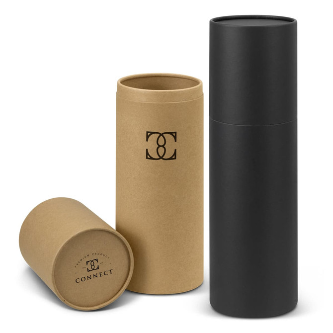 A drink bottle gift tube in black, with a smaller brown tube beside it, both featuring a logo. A drink bottle gift tube in black, with a smaller brown tube beside it, both featuring a logo.