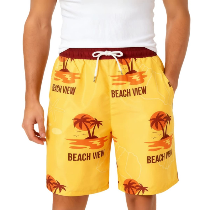 Men's yellow polyester board shorts featuring a tropical design with palm trees and a drawstring waistband. Includes a logo.