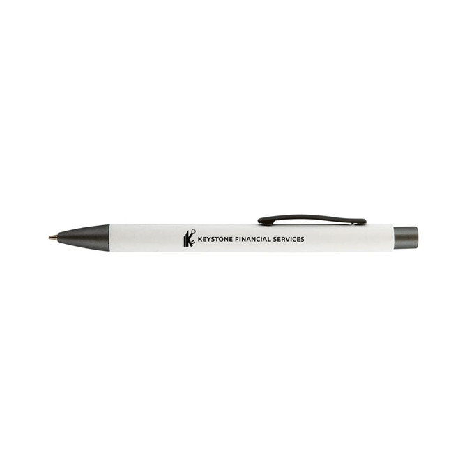 A white pen with a black clip, featuring a logo and branding for Keystone Financial Services.