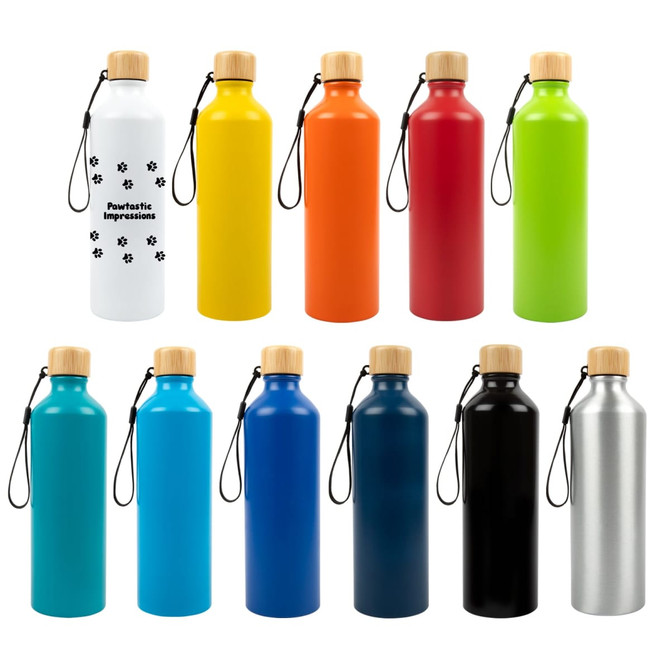 A drink bottle collection featuring various colours like white, yellow, orange, red, green, blue, black, and silver, with bamboo lids.