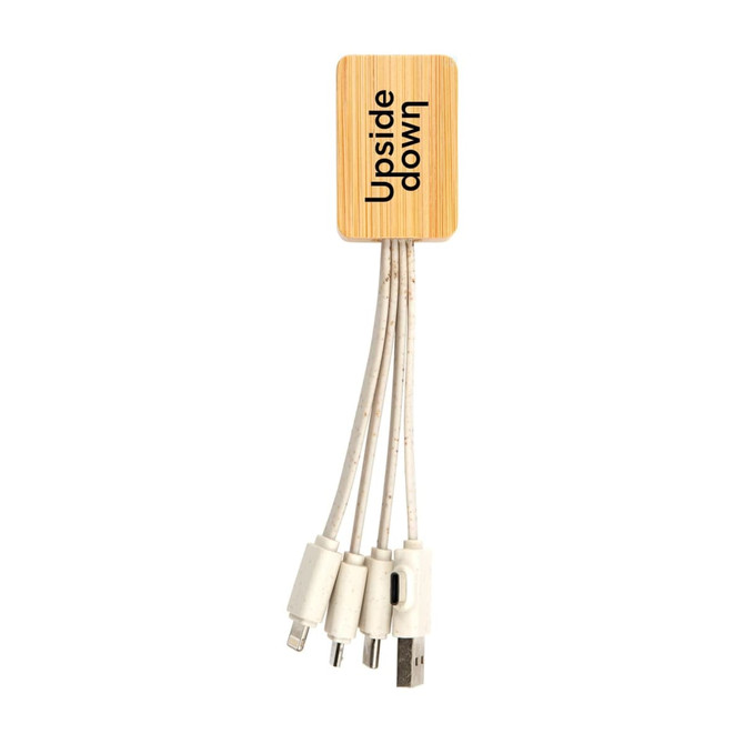 A bamboo charging cable with multiple connectors, featuring a light colour scheme and a logo.