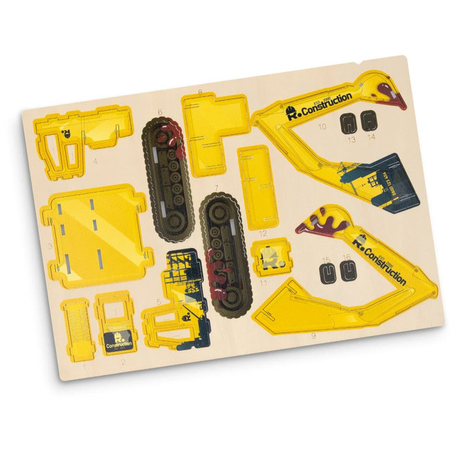 A wooden model kit featuring yellow and black excavator parts, with a base plate for assembly.