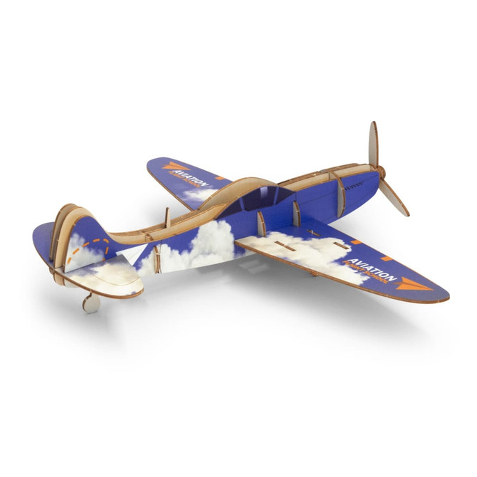 A wooden model aeroplane with blue wings featuring cloud designs and a brown body, displaying a logo.