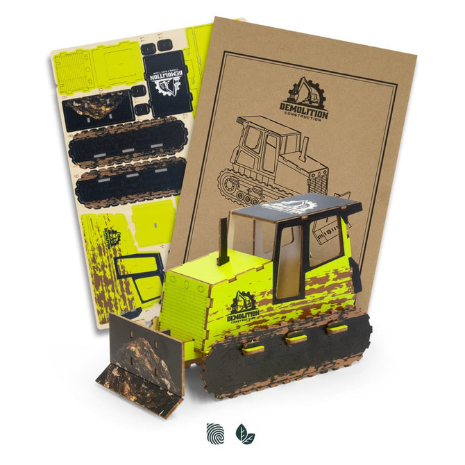 A wooden bulldozer model in bright yellow with black detailing, accompanied by assembly sheets and a branding logo.