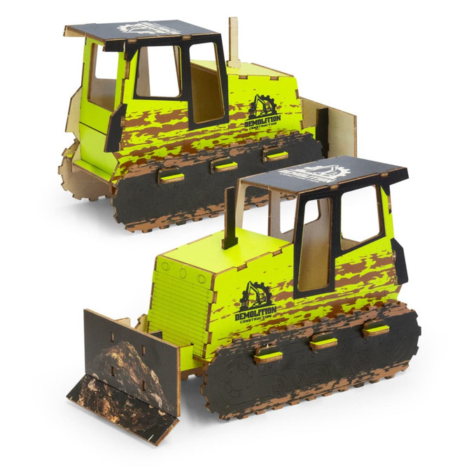 A colourful yellow and black wooden bulldozer model with detailed tracks and a front blade. Includes branding.