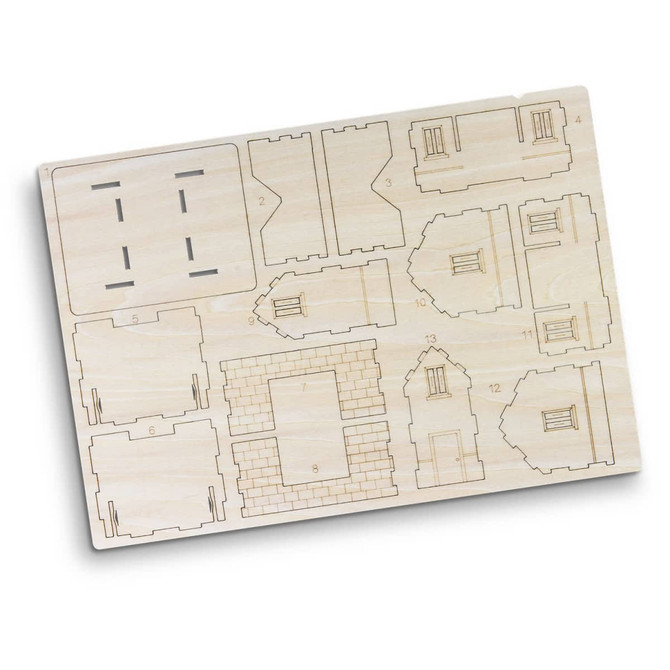 A wooden model kit featuring laser-cut pieces in natural wood, ready for assembly into house shapes.