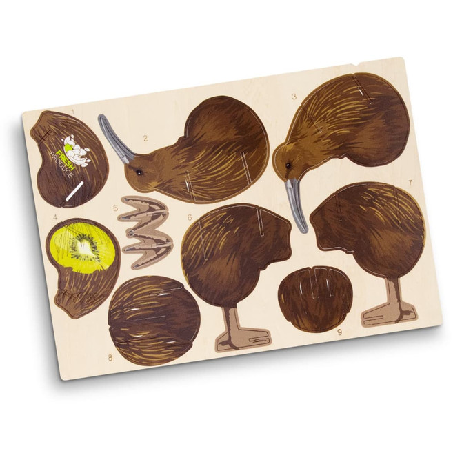 A wooden model of a kiwi bird featuring various parts in brown tones, displayed on a light background with a logo.