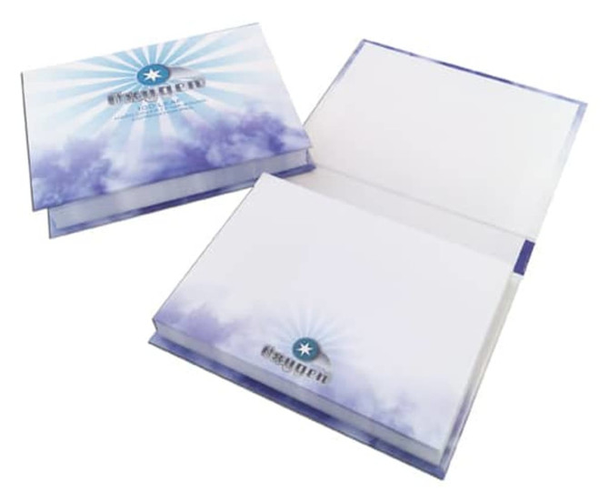 A hard cover notepad with a colourful design, featuring a blue and white cover and blank white pages inside. A hard cover notepad with a colourful design, featuring a blue and white cover and blank white pages inside.