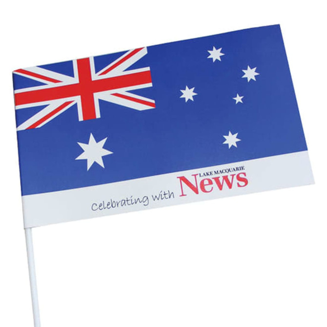 A handwaver flag featuring the Australian flag design with a logo and text at the bottom. A handwaver flag featuring the Australian flag design with a logo and text at the bottom.
