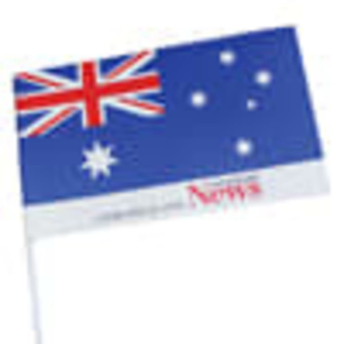 A handwaver flag featuring the Australian flag with a white handle and a branding logo. A handwaver flag featuring the Australian flag with a white handle and a branding logo.
