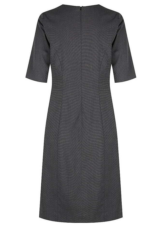 A grey dress with a structured silhouette, featuring short sleeves and a zipper at the back. It has a branding logo.