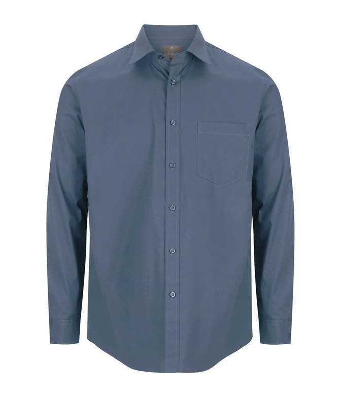 A button-up shirt in navy blue with long sleeves and a chest pocket, featuring a logo on the collar.