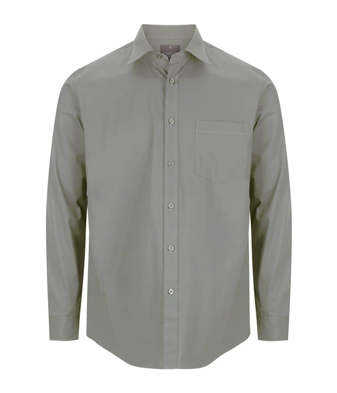 A button-up shirt in a muted green colour, featuring long sleeves and a single chest pocket. It has a logo on the label.