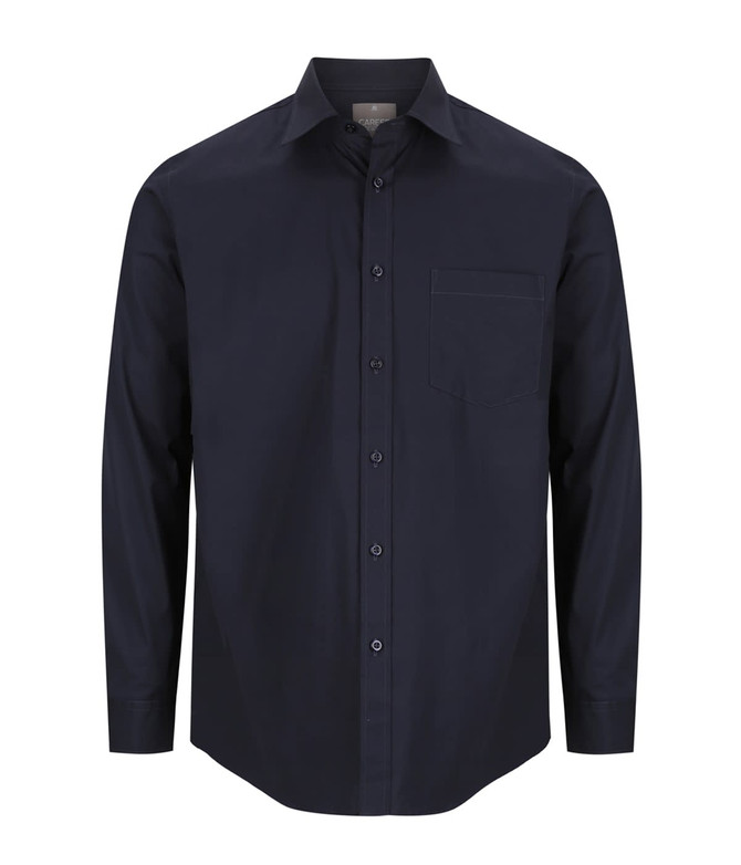 A dark navy button-up shirt with a collar, long sleeves, and a chest pocket. It features a logo on the label.