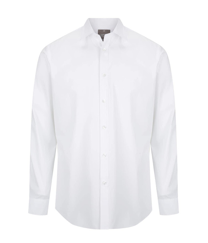 A white button-up shirt with a slim fit and long sleeves, featuring a collar and a logo.
