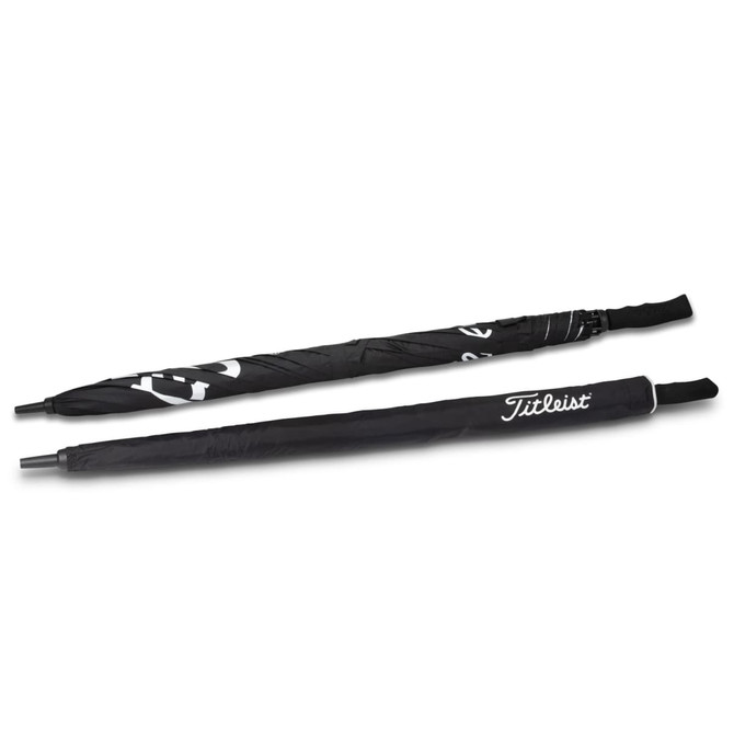 A black double canopy golf umbrella with a branded handle, featuring a sleek design and a prominent logo.