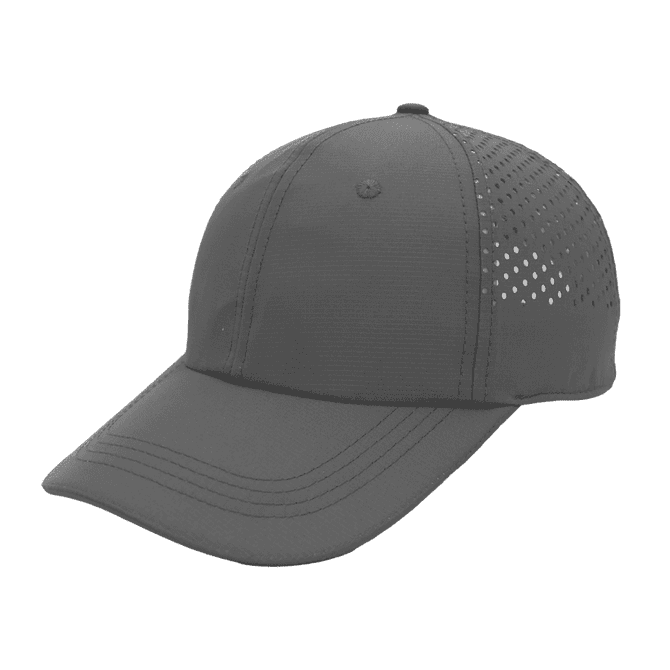 A grey cap with a textured design and ventilation holes, featuring an understated logo on the side.