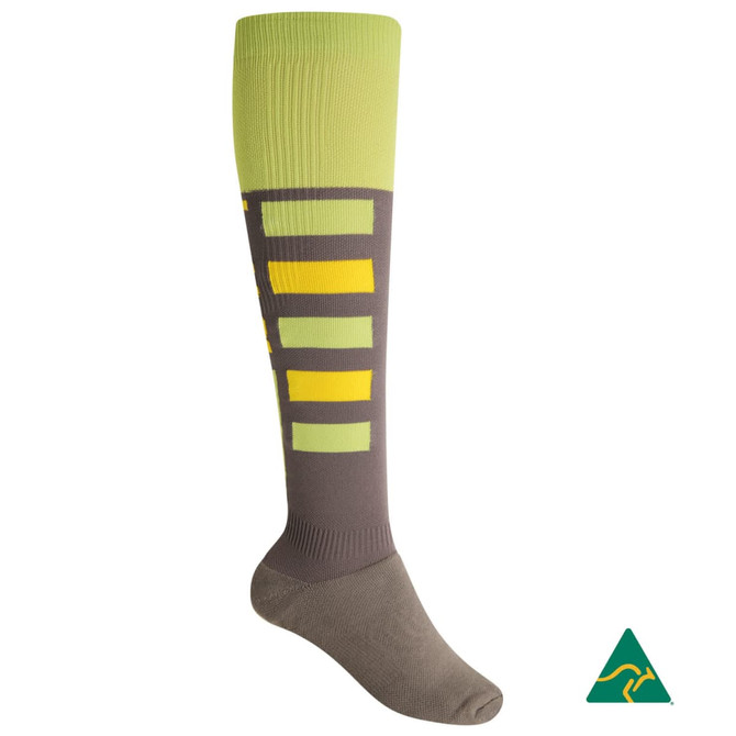 A compression football sock featuring green, yellow, and brown colours with a logo on the side.