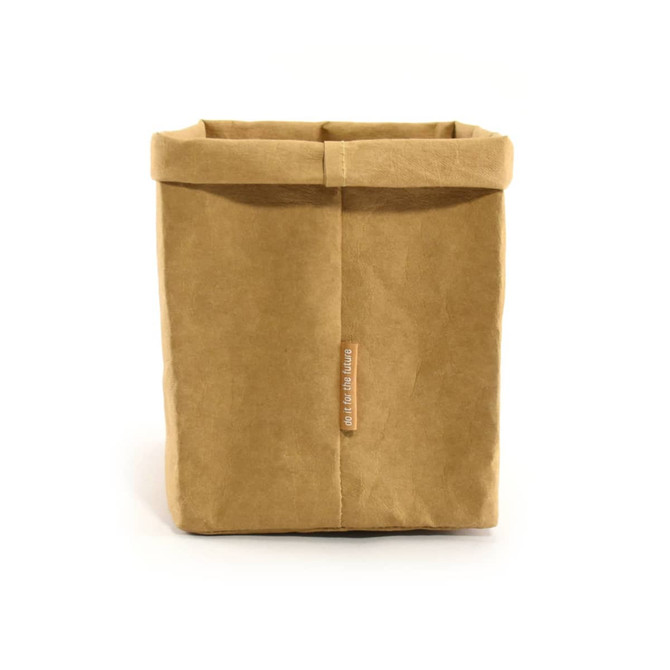 A kraft paper storage bag in a tan colour, featuring a folded top and a visible logo on the side.