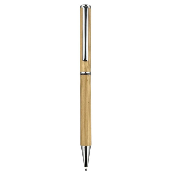 A bamboo pen with metallic accents, featuring a sleek design and a silver clip.