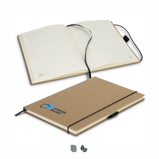 A brown hard cover notebook with lined pages and a black elastic closure, featuring a logo on the front. A brown hard cover notebook with lined pages and a black elastic closure, featuring a logo on the front.