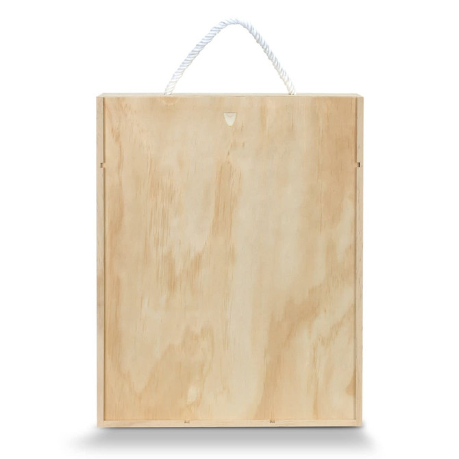 A wooden gift box with a rope handle, featuring a natural finish and a simple design.