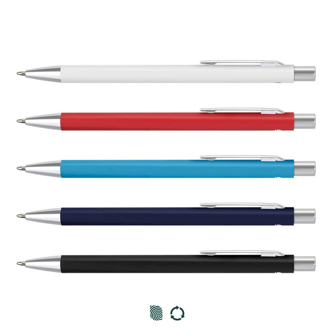 Five metal pens in white, red, blue, navy, and black, each featuring a silver clip and branding.
