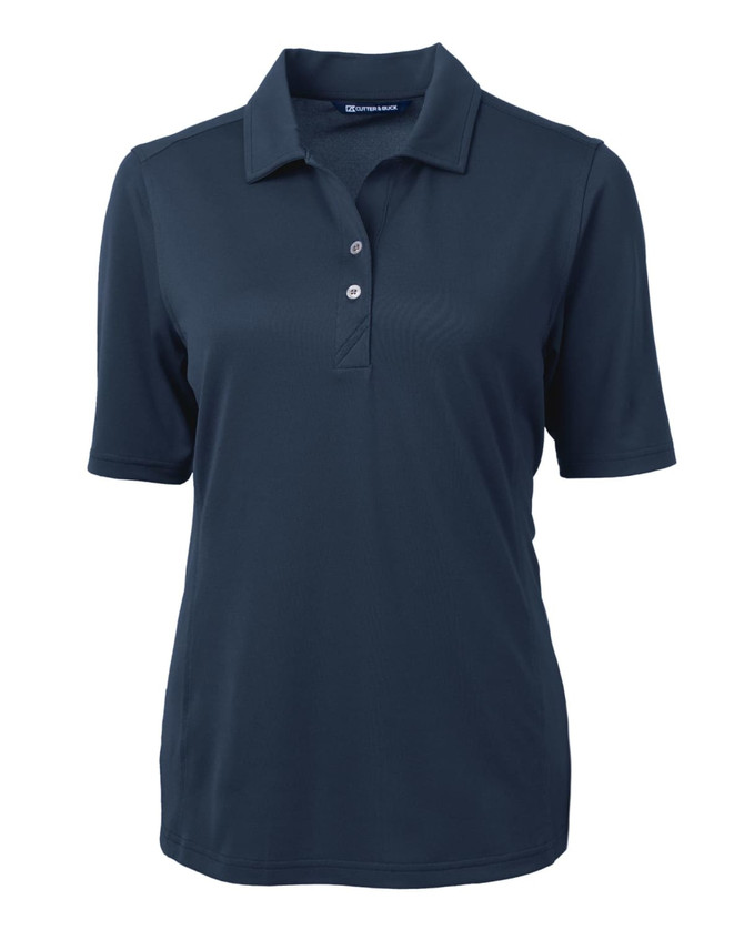 A navy blue ladies polo shirt with a collar and short sleeves, featuring a buttoned placket and a logo.