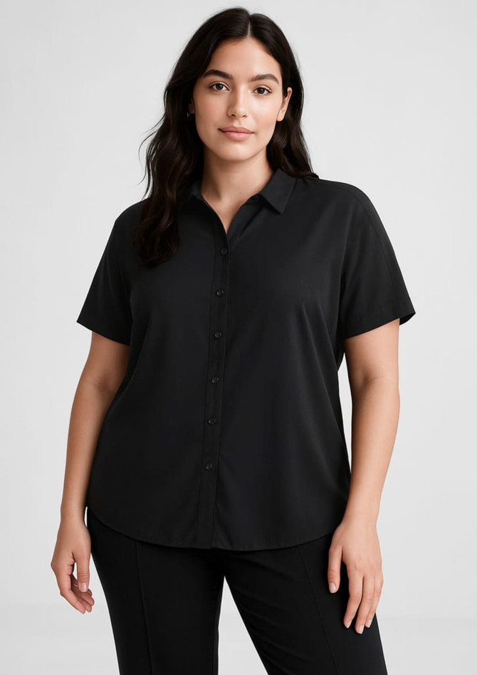 A black short sleeve blouse with a button-up front and a collared neckline, styled on a model. A black short sleeve blouse with a button-up front and a collared neckline, styled on a model.