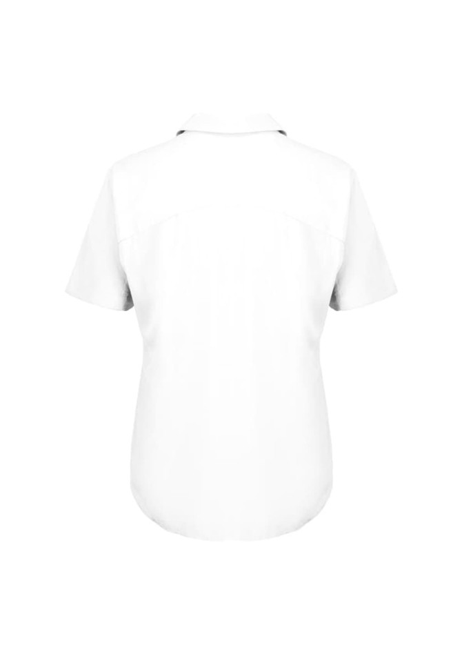 A short-sleeved white blouse with a collar and a curved hem. The back features a simple design and a logo.