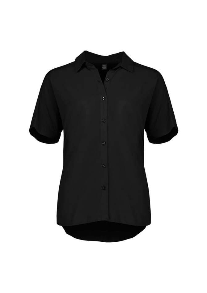 A black short sleeve blouse with a collar and buttons, featuring a subtle logo on the label. A black short sleeve blouse with a collar and buttons, featuring a subtle logo on the label.