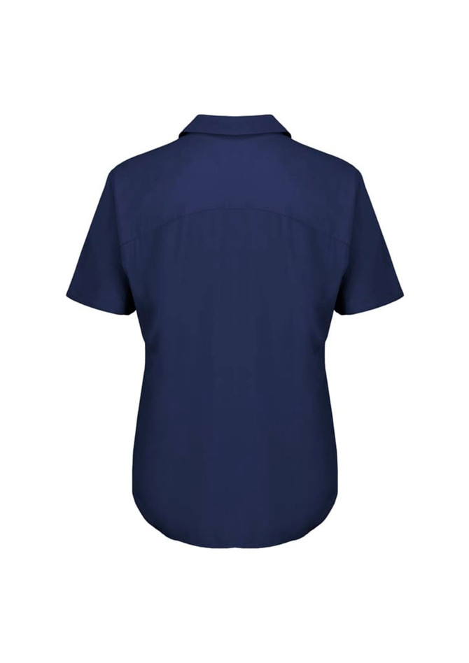 A navy short sleeve blouse with a collared neckline and a smooth back design. It features a logo on a label. A navy short sleeve blouse with a collared neckline and a smooth back design. It features a logo on a label.