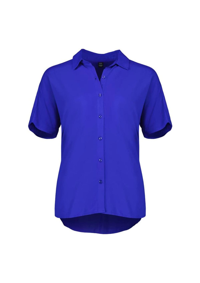 A women's short sleeve blouse in bright blue, featuring a button-up front and a collar. It has a logo. A women's short sleeve blouse in bright blue, featuring a button-up front and a collar. It has a logo.
