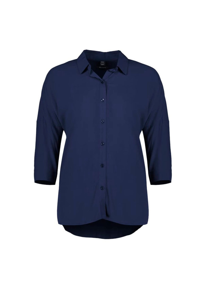 A navy women's blouse with 3/4 sleeves and a button-up front. Features a collar and a relaxed fit. A navy women's blouse with 3/4 sleeves and a button-up front. Features a collar and a relaxed fit.