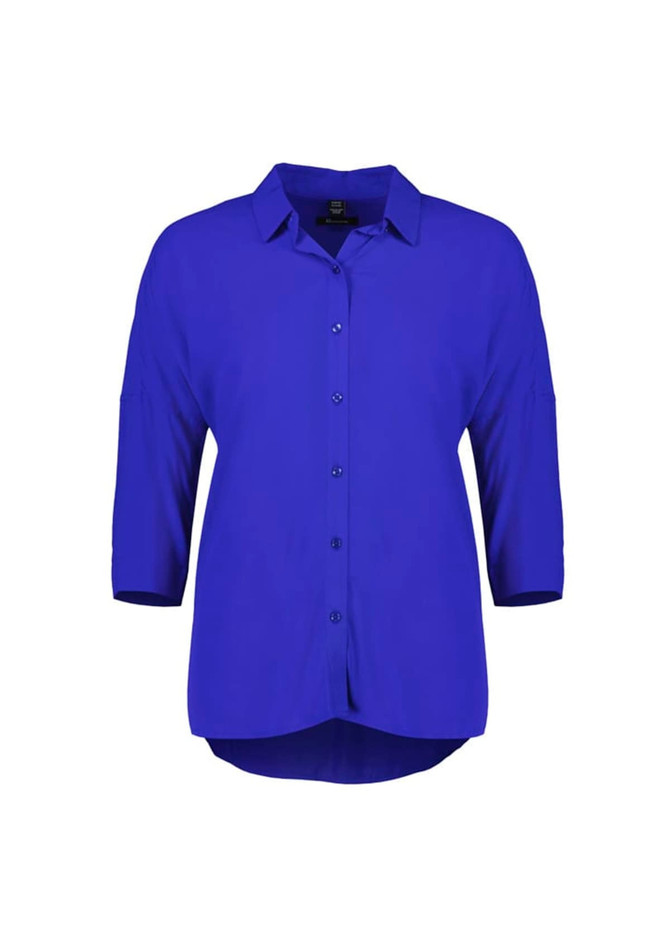 A vibrant blue 3/4 sleeve blouse with a collar and button-down front, featuring a slight curved hem. A vibrant blue 3/4 sleeve blouse with a collar and button-down front, featuring a slight curved hem.