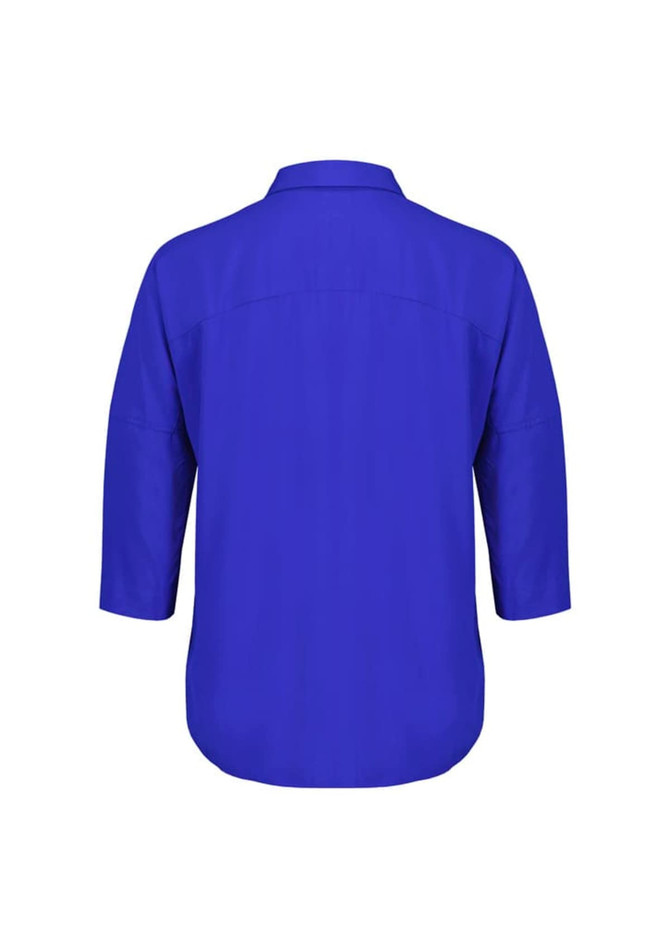 A blue women's blouse with 3/4 sleeves, featuring a collared neckline and a relaxed fit. It has a branding logo.