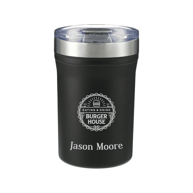 A drink bottle featuring a black exterior, stainless steel lid, and an embossed logo. Comes with a clear lid.