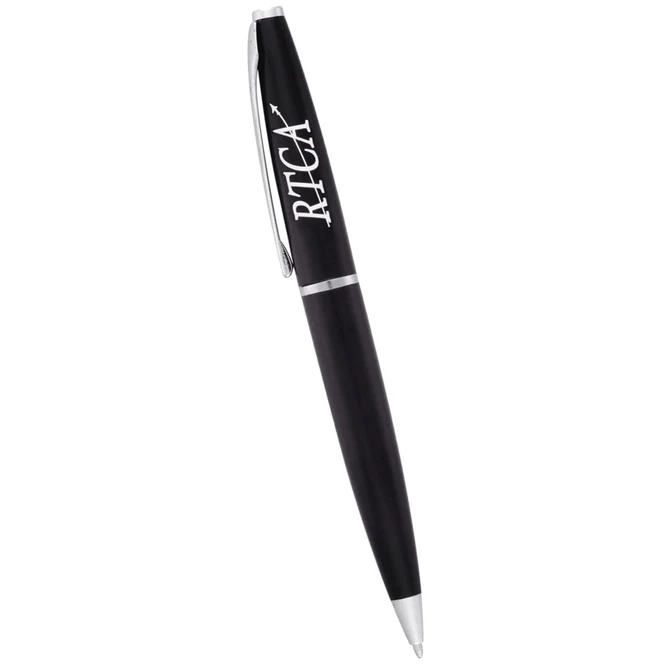 A black metal twist action pen with a silver clip and branding on the barrel.