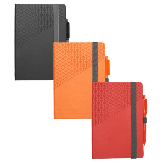 A set of three notebooks in black, orange, and red, each with a geometric design and an included pen.