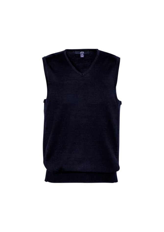 A navy blue men's vest with a V-neck design and no sleeves, featuring a logo on the neckline.