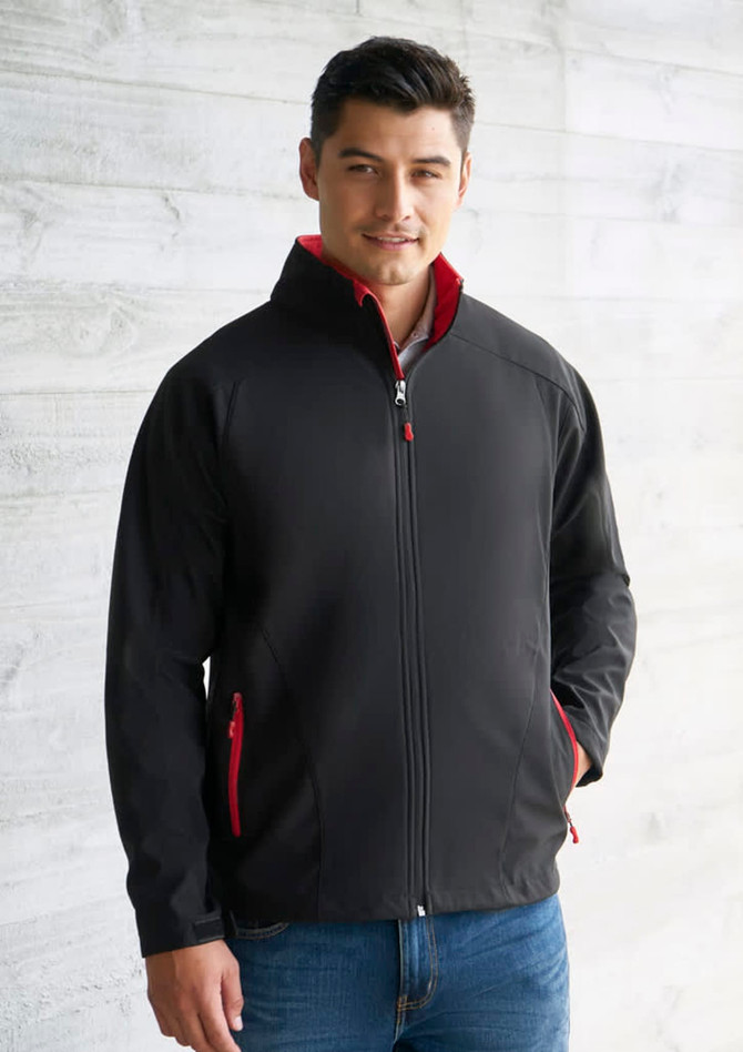 A soft shell jacket in black with red accents, featuring a zipped front and a stand-up collar. A soft shell jacket in black with red accents, featuring a zipped front and a stand-up collar.