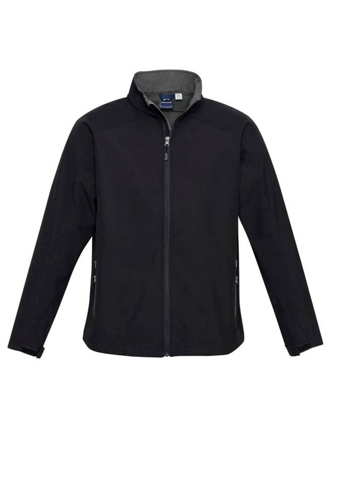 A black soft shell jacket with a zip front, side pockets, and a collar. It features branding on the inside label. A black soft shell jacket with a zip front, side pockets, and a collar. It features branding on the inside label.