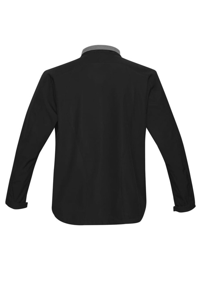 A black soft shell jacket with a grey collar, featuring long sleeves and a sleek design. Includes a logo. A black soft shell jacket with a grey collar, featuring long sleeves and a sleek design. Includes a logo.