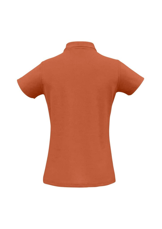 A women's polo shirt in a warm brown colour, featuring a collar and short sleeves with a branding logo.
