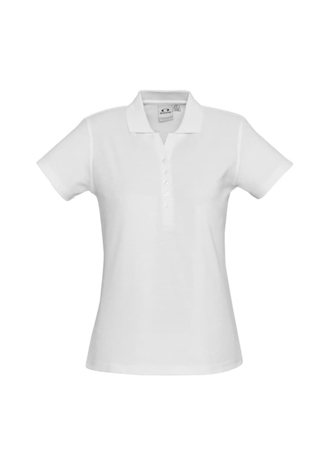 A white ladies' polo shirt with a classic collar and five-button placket, featuring a logo on the fabric.