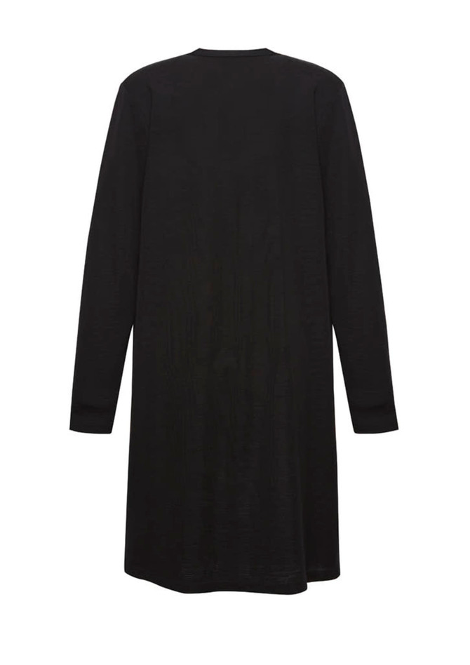 A longline cardigan in black, featuring long sleeves and a simple design, with a branding logo.