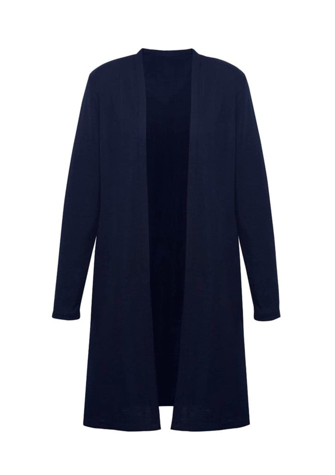 A longline cardigan in navy blue with an open front and long sleeves. It features a logo. A longline cardigan in navy blue with an open front and long sleeves. It features a logo.