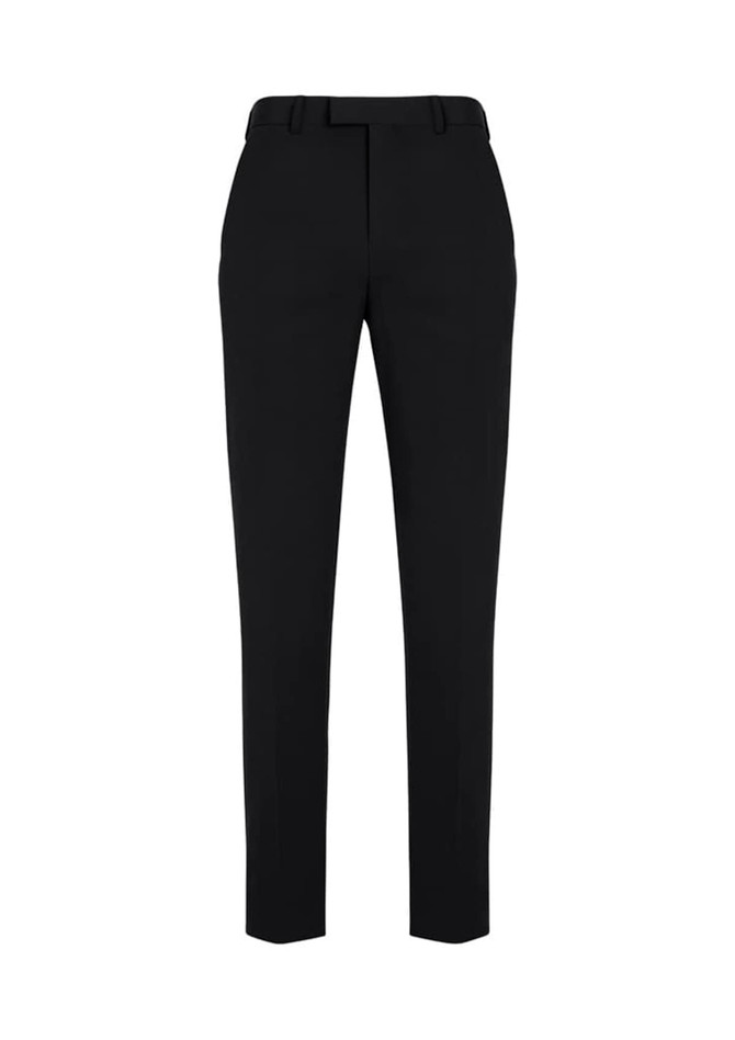 A pair of black slim fit flat front pants with a sleek design and a branding logo on the waistband.