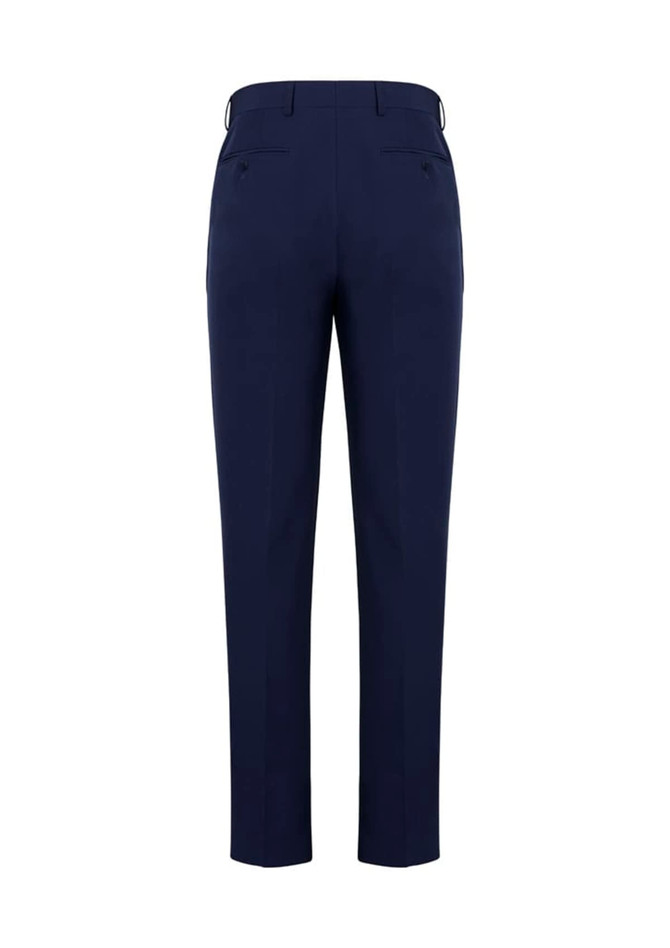 A pair of navy blue men's slim fit flat front pants with back pockets, featuring a logo on the waistband.